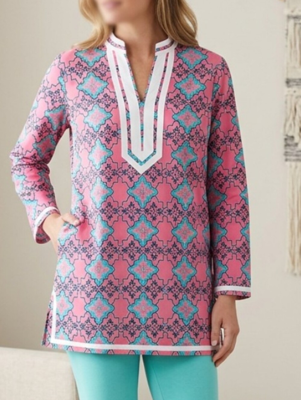 NWT Tracy Negoshian Pink & Aqua Cotton Long-Sleeve Middle East Print Tunic - S